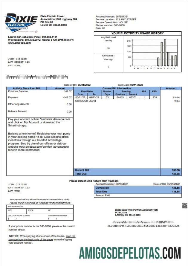 realista Modelo de conta de serviço público elétrico dos EUA Mississippi Dixie em formato Word e PDF
